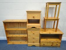 A SELECTION OF PINE FURNITURE, to include an open bookcase, width 84cm x depth 28cm x height 95cm, a