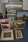 A SMALL QUANTITY OF PICTURES AND PRINTS, to include a watercolour of a village signed and dated