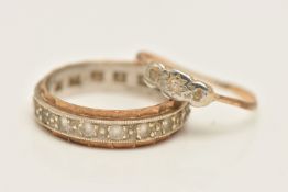 TWO RINGS, the first a bi-colour band set with colourless spinel's, hallmarked 9ct Birmingham,