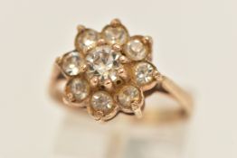 A 9CT GOLD CLUSTER RING, set with colourless paste, polished band, hallmarked 9ct Birmingham, ring