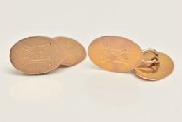 A PAIR OF 9CT GOLD CUFFLINKS, yellow gold oval form cufflinks, with monogram detail, hallmarked