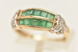 A 9CT GOLD EMERALD AND DIAMOND RING, two rows of square cut emeralds, single cut diamond accents