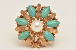 A YELLOW METAL GEM SET BROOCH, a blue stone and cultured pearl floral brooch, approximate width