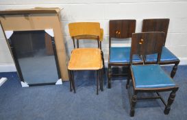 A SET OF THREE DARK ERCOL CHAIRS, a set of three MFI Ted 11 stacking chairs, along with a new in box