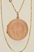 A 9CT FRONT AND BACK CIRCULAR LOCKET WITH CHAIN, foliate and bird pattern, signed 9ct Front &