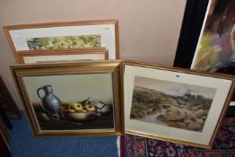 SIX DECORATIVE PICTURES COMPRISING A FRANK SALTFLEET WATERCOLOUR, depicting a stream running through