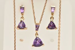 A GEM SET NECKLACE AND EARRING SET, yellow metal earrings, set with amethyst, fitted with post and