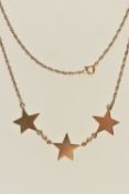 A BOXED 9CT GOLD NECKLACE, set with polished stars, to the rope twist chain with spring clasp,