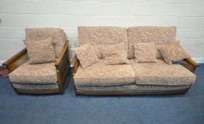 AN ERCOL ELM AND BEECH TWO PIECE LOUNGE SUITE, comprising a two seater sofa, with bergère sides, and