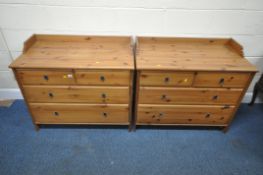A PAIR OF IKEA PINE CHESTS OF TWO SHORT OVER TWO LONG DRAWERS, both with a raised gallery, width