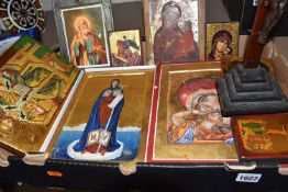 A BOX OF VINTAGE, STUDIO-MADE AND TWENTIETH CENTURY ORTHODOX AND SIMILAR STYLE ICONS to include an