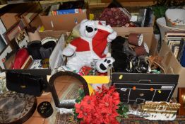 SEVEN BOXES AND LOOSE MISCELLANEOUS SUNDRIES, to include Christmas decorations, Spectrum clock