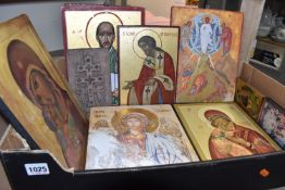 A BOX OF STUDIO MADE AND TWENTIETH CENTURY ORTHODOX AND SIMILAR STYLE ICONS to include an image of