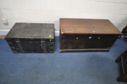 AN EARLY 20TH CENTURY STORAGE CHEST, with twin metal handles, width 107cm x depth 50cm x height
