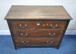AN EARLY 20TH CENTURY OAK CHEST OF THREE DRAWERS, width 100cm x depth 48cm x height 82cm,