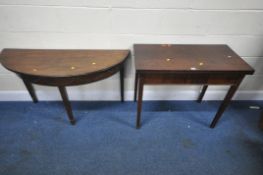 A MAHOGANY TEA TABLE, with a fold over surface, and a single drawer to one end, width 92cm x depth