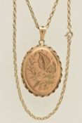 A 9CT GOLD OVAL LOCKET AND CHAIN, the foliate pattern oval locket with rope twist surround, fitted