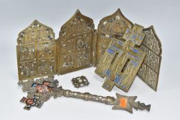 A GROUP OF METAL ORTHODOX ICONS comprising an Ethiopian processional cross with a painted panel to