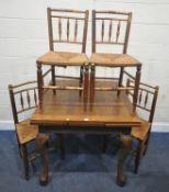 AN EARLY 20TH CENTURY OAK DRAW LEAF DINING TABLE, raised on cabriole legs, 91cm squared x height