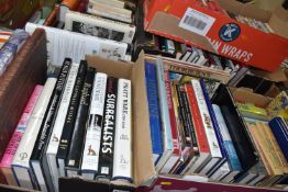 FIVE BOXES OF BOOKS containing over 120 miscellaneous titles in hardback and paperback format,