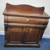 A 19TH CENTURY MAHOGANY SECRETAIRE, with a raised back, a fall front drawer that’s enclosing a