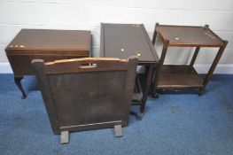 A 20TH CENTURY TWO TIER DROP LEAF TROLLEY, width 45cm x depth 70cm x height 69cm, another trolley, a