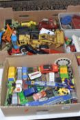 TWO BOXES OF DIECAST VEHICLES, MECCANO & GAMES to include model cars, vans, trucks, military,