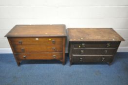 TWO EARLY 20TH CENTURY CHESTS OF THREE DRAWERS, largest width 99cm x depth 45cm x height 74cm,