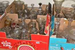 SEVEN BOXES AND LOOSE MISCELLANEOUS GLASS, to include a large quantity of vintage decanters with
