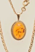 A 9CT GOLD AMBER PENDANT AND CHAIN, the pendant set with an oval amber cabochon collet set with a