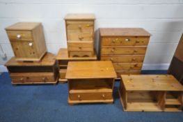 SEVEN PIECES OF MODERN PINE FURNITURE, to include a chest of five drawers, width 80cm x depth 42cm x