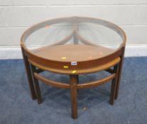 A MID-CENTURY NATHAN TRINITY TEAK GLASS TOP CIRCULAR COFFEE TABLE, diameter 83cm x height 51cm, with