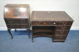 A LATE 20TH CENTURY MAHOGANY DESK, with a burgundy leather writing surface, two drawers, and a