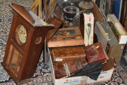 TWO BOXES OF VINTAGE TREEN AND MISCELLANEOUS, to include two eight day wall clocks, a Crown radio
