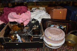 THREE BOXES AND LOOSE MISCELLANEOUS ITEMS to include two Japanese/Chinese lacquered trays