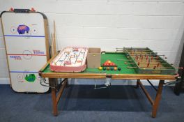 A MODERN FOLDING SNOOKER TABLE, width 184cm x depth 98cm x height 83cm, a triangle, a quantity of