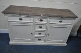 A RECLAIMED WOOD MODERN PARTIALLY WHITE PAINTED SIDEBOARD, fitted with two brushing slides, six