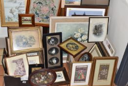 TWO BOXES AND LOOSE PICTURES AND PRINTS, to include nineteenth century portraits of women, one