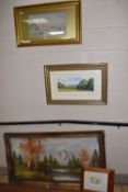A GROUP OF PAINTINGS AND PRINTS, comprising a framed watercolour seascape signed lower left 'A