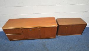 A MID-CENTURY TEAK WALL UNIT BASE, fitted with two drawers, and double cupboard doors, width 138cm x