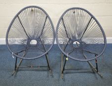A PAIR OF BLUE PLASTIC STRUNG ROCKING CHAIRS, width 69cm x depth 84cm x height 82cm, condition