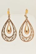 A PAIR OF 9CT GOLD DROP EARRINGS, yellow gold tear drop form earrings, with open work filigree