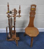 A 20TH CENTURY OAK SPINNING WHEEL, height 100cm, along with a spinning chair, condition report:
