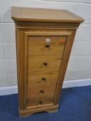 A MODERN LIGHT OAK CHEST OF FIVE DRAWERS, width 57cm x depth 52cm x height 122cm, condition