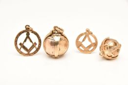 AN ASSORTMENT OF MASONIC JEWELLERY, to include two 9ct gold open work Masonic pendants, both
