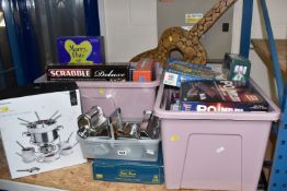 TWO BOXES AND LOOSE BOARD GAMES AND KITCHEN EQUIPMENT to include a boxed Fondue Set, a loose pasta