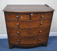 A 19TH CENTURY MAHOGANY BOW FRONT CHEST OF TWO SHORT OVER THREE LONG DRAWERS, raised on bracket