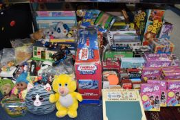 FOUR BOXES AND LOOSE VINTAGE TOYS AND GAMES to include two Transformers figures and a handheld