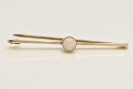 AN EARLY 20TH CENTURY BAR BROOCH, a circular cabochon opal, collet set with milgrain detail,