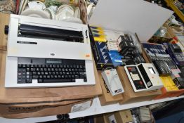 THREE BOXES AND LOOSE VINTAGE OFFICE SUPPLIES to include two Underwood typewriters, a boxed Silver
